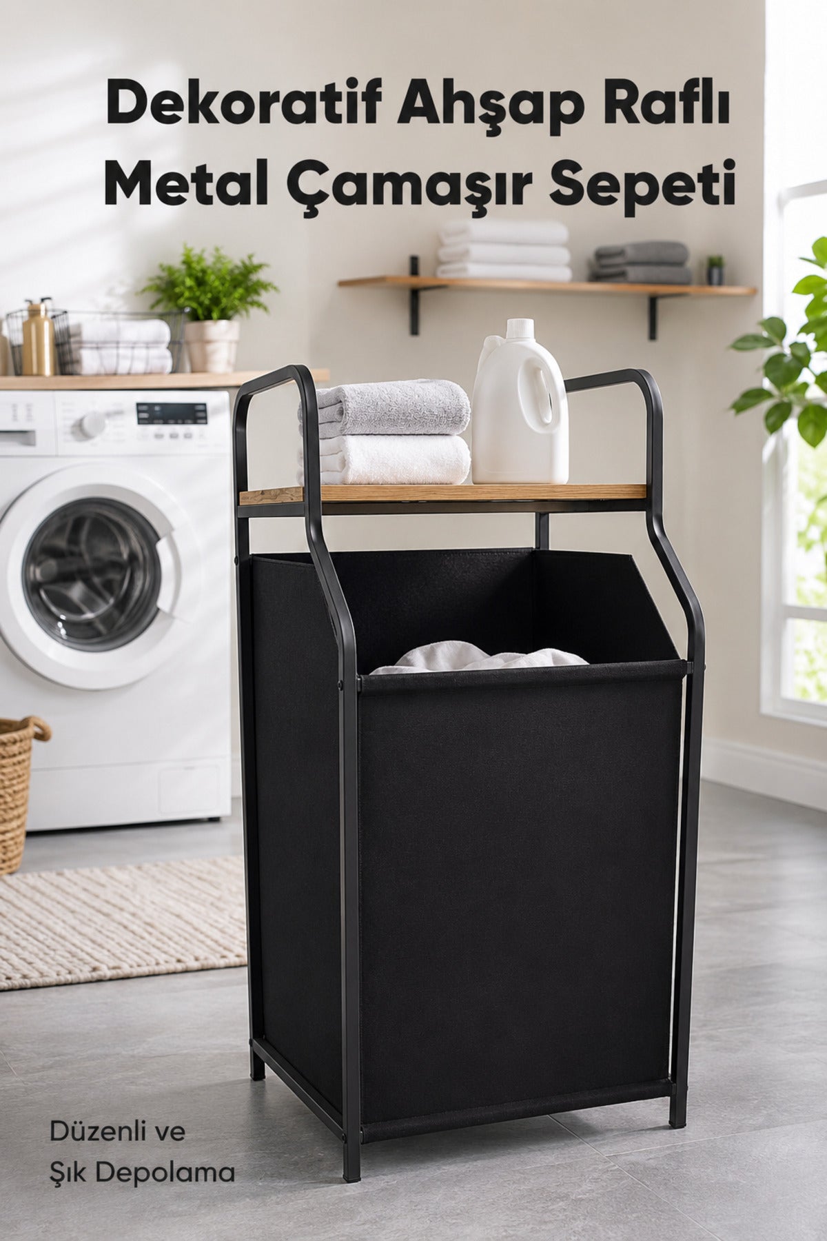 Metal Gövdeli Ahşap Raflı Banyo Düzenleyici - Kumaş Kirli Sepeti