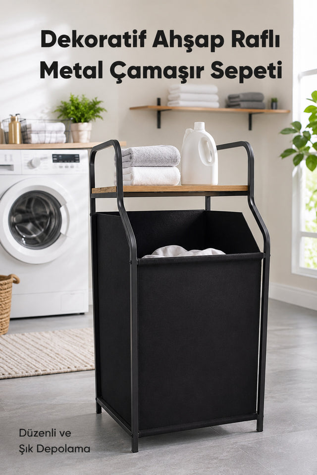 Ahşap Raflı Banyo Düzenleyici ve Kirli Sepeti