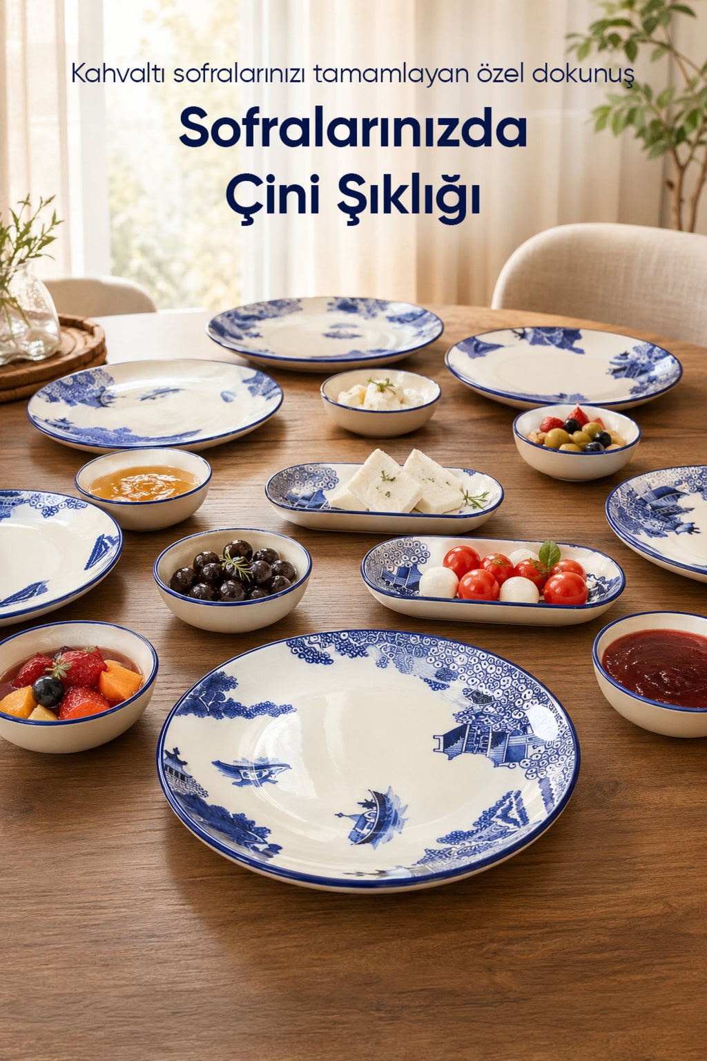 Mavi Çini Desenli 14 Parça 6 Kişilik Seramik Kahvaltı Takımı Servis Sunum Tabaklı Dekoratif Sofra Seti