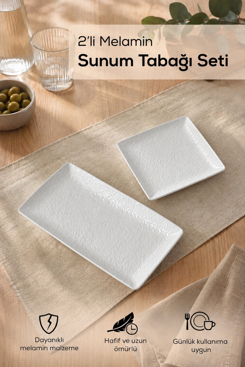 2 'li Melamin Sunum Tabağı Seti, Sunum Tabağı,Servis Tabağı-Desenli Kırılmaz Servis Tabağı- Beyaz