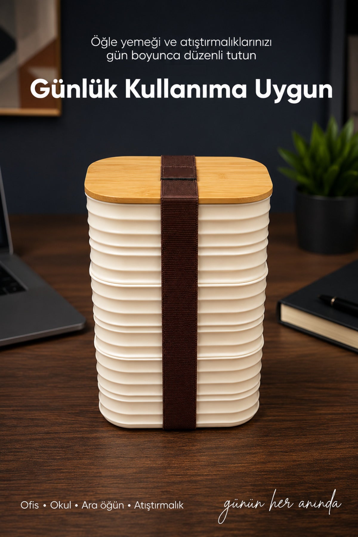 3'lü 500 ml Oval Dalgalı Desenli Bantlı Saklama Kabı Bambu Kapaklı Taşınabilir Beslenme Seti