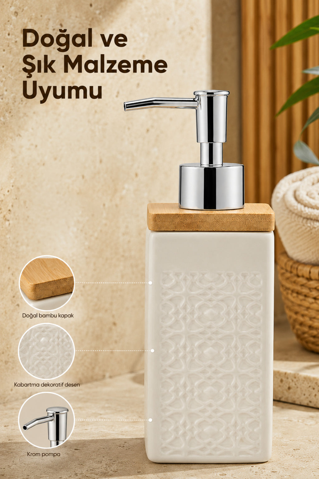 Kabartma Desenli Porselen Sıvı Sabunluk Bambu Kapaklı Kare Model 400 ml Bej