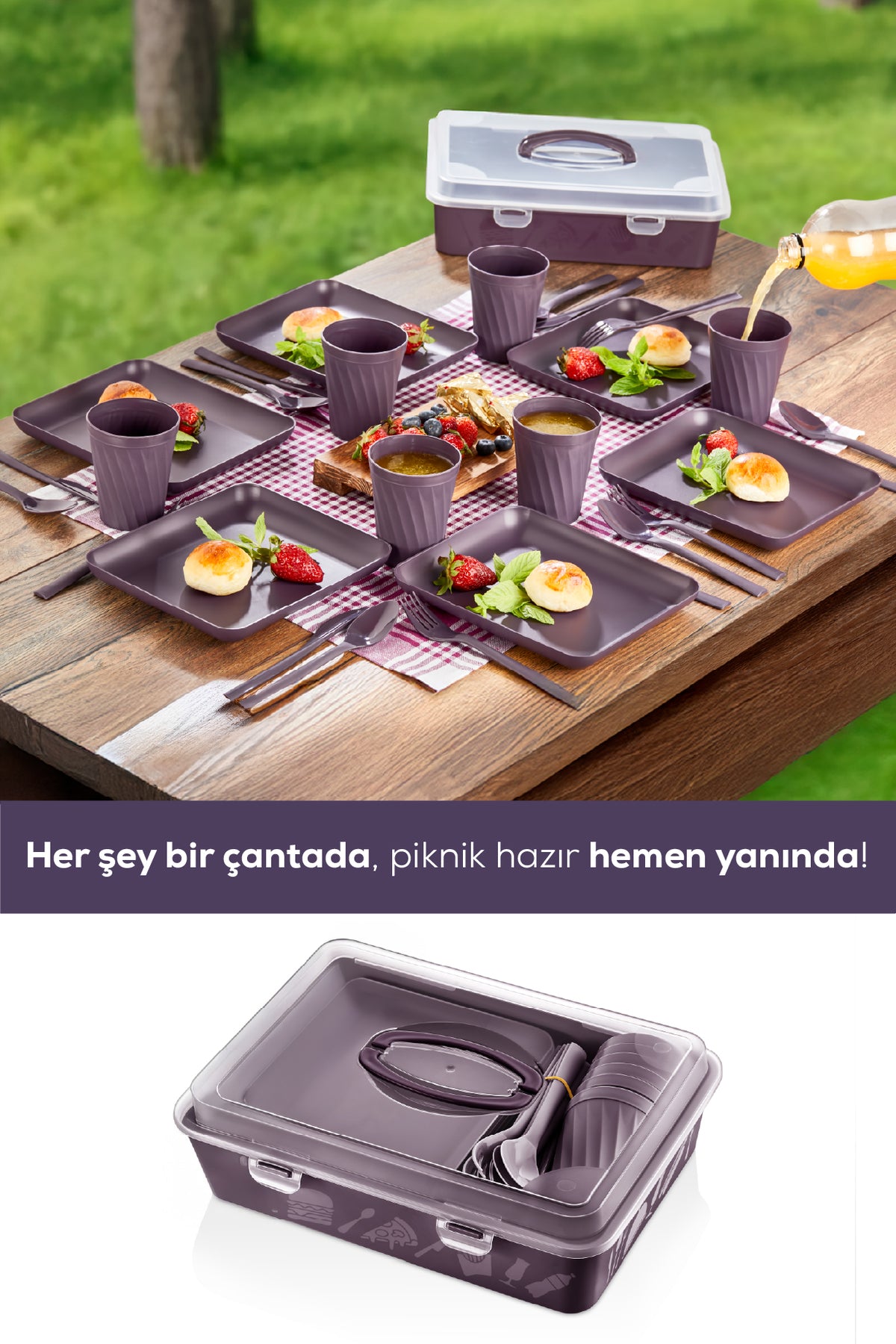 32 Parça 6 Kişilik Taşınabilir Piknik Seti - Saklama Kutulu Mor