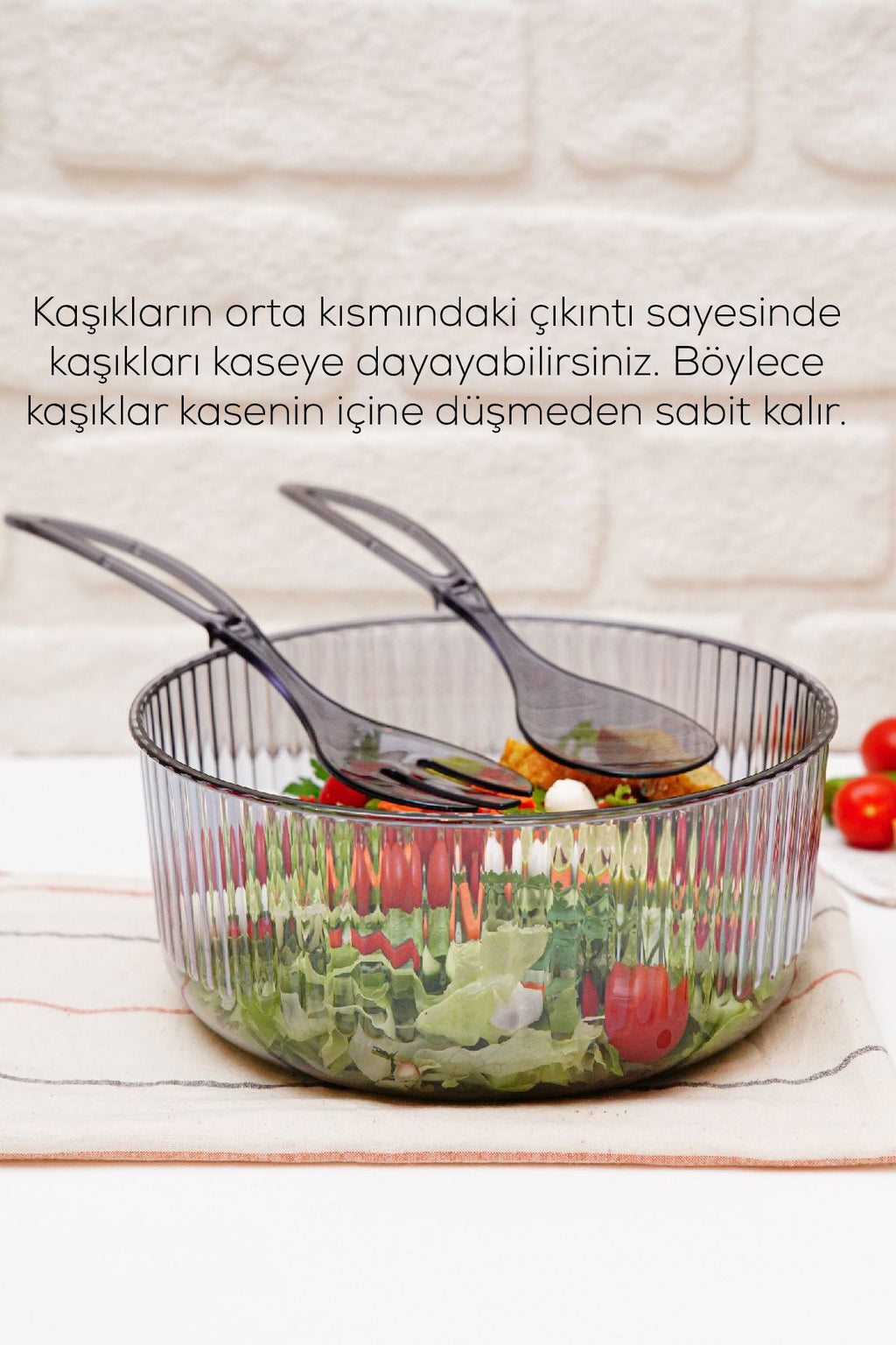 Akrilik Yuvarlak Kaşıklı Salata Kasesi 23 Cm Servis Sunum Tabağı Antrasit