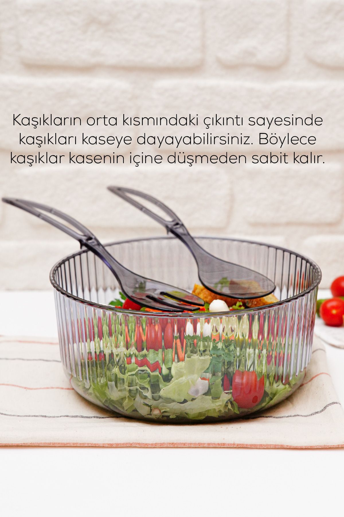 Akrilik Yuvarlak Kaşıklı Salata Kasesi 23 Cm Servis Sunum Tabağı Antrasit