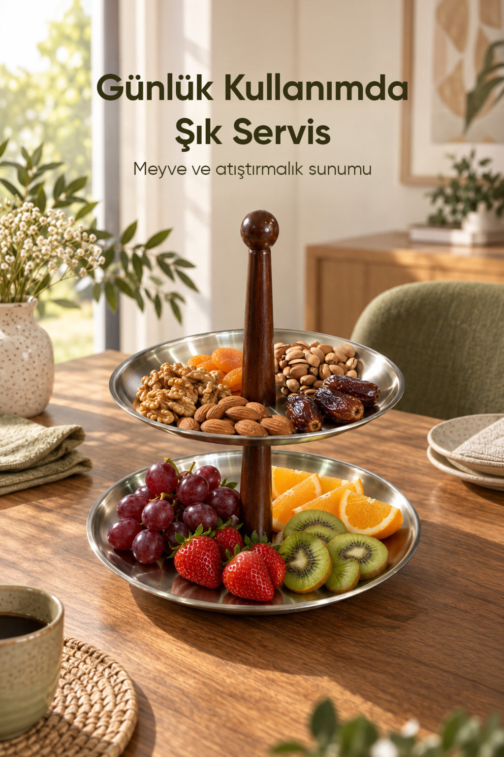 2 Katlı Ahşap Saplı Metal Sunumluk | Servis Standı Kurabiyelik Meyvelik Sunum Tabağı