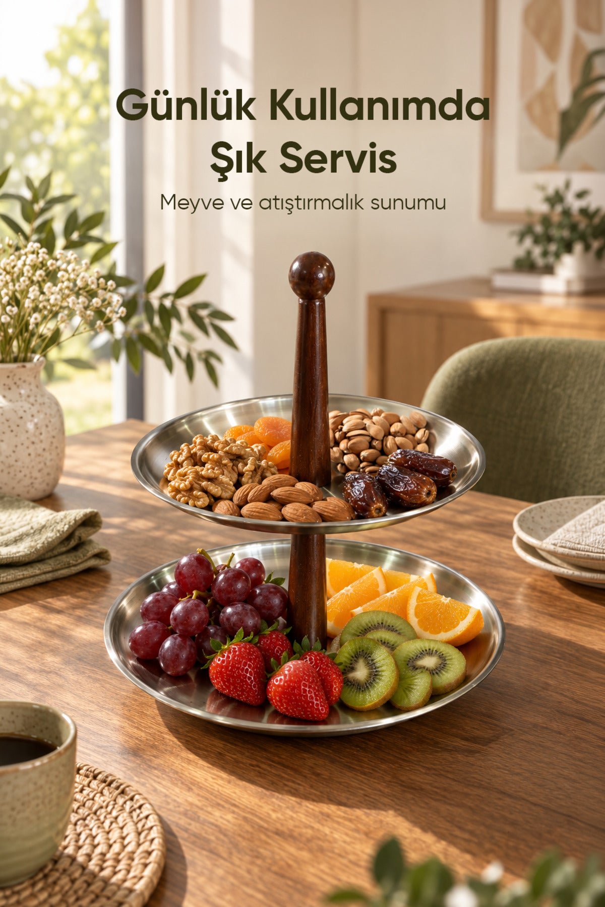 2 Katlı Ahşap Saplı Metal Sunumluk | Servis Standı Kurabiyelik Meyvelik Sunum Tabağı