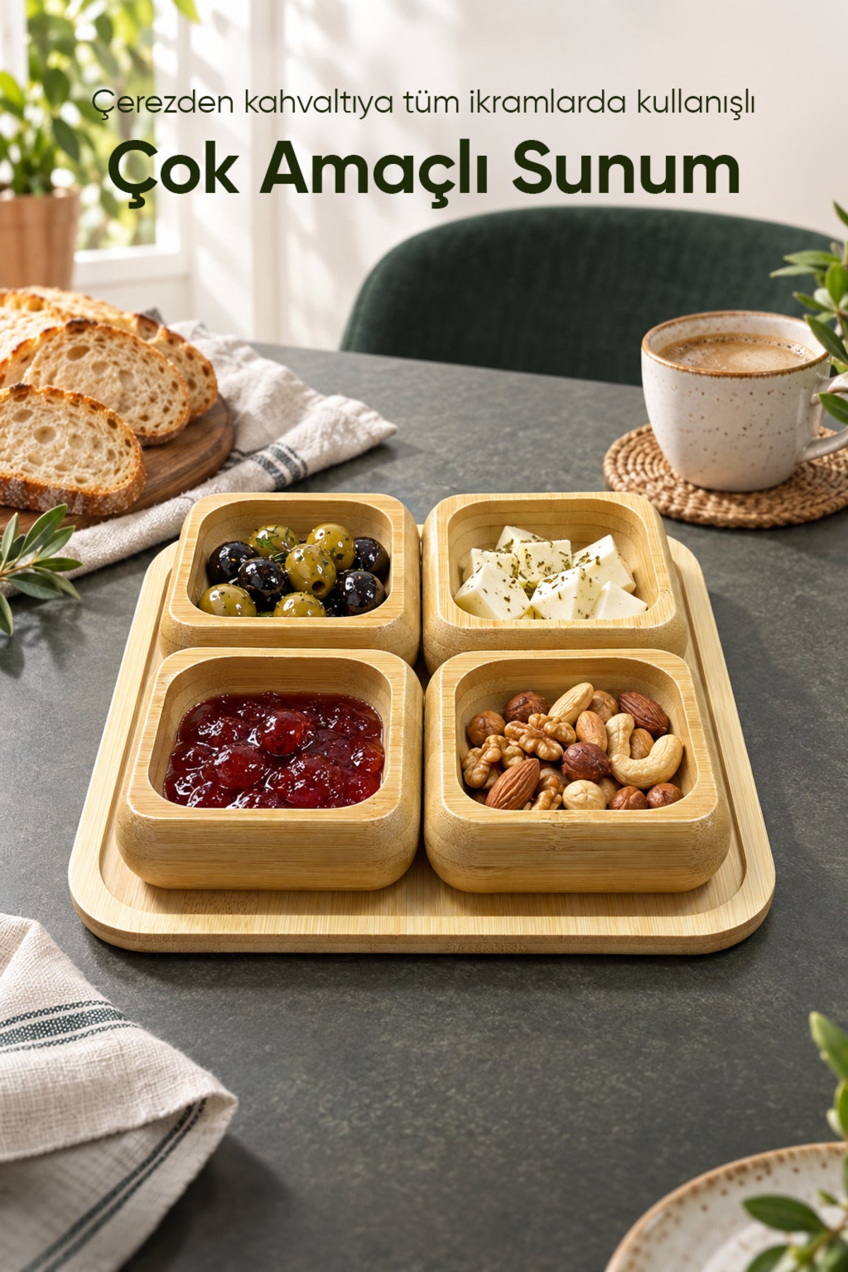 Alt Tablalı 4'lü Kare Bambu Çerezlik Seti 9 cm Kaseli 22 cm Tepsili Sunum ve İkram Servis Takımı
