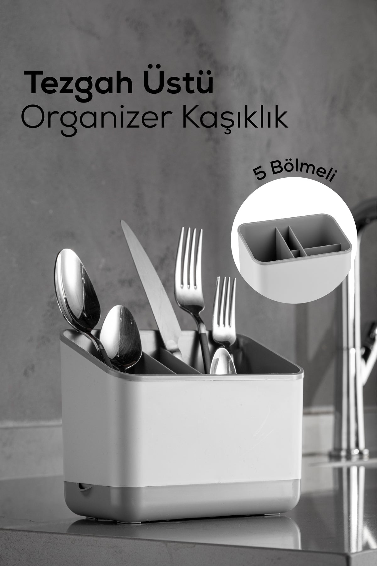5 Bölmeli Organizer Kaşıklık Tezgah Üstü Kaşık Düzenleyici Gri