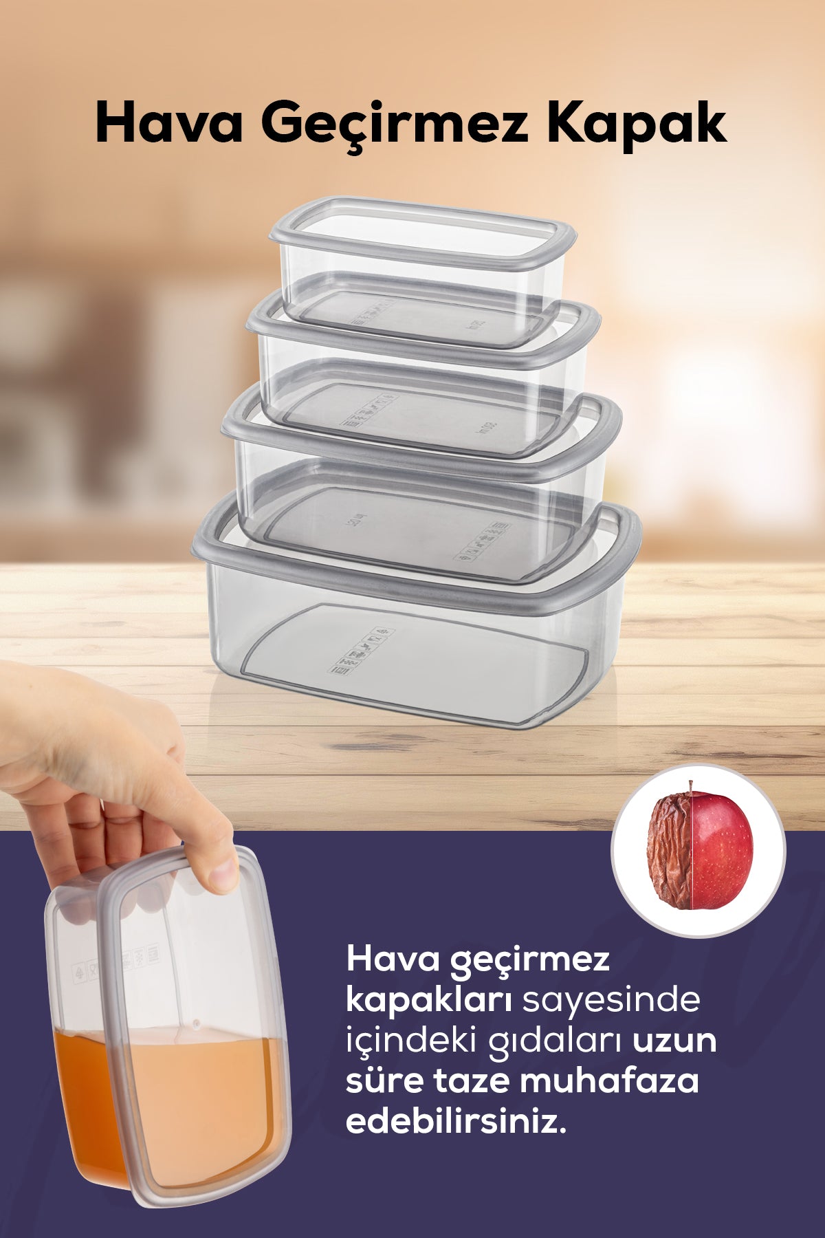 4'lü Hava Geçirmez Saklama Kabı Seti Antrasit 1x(250-500-750-1200 ML)