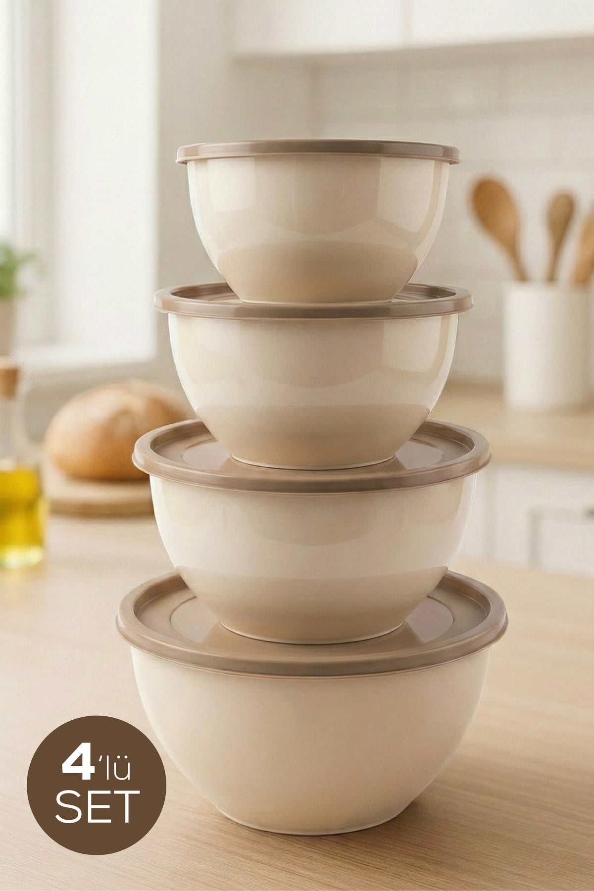4'lü Yuvarlak Kase Seti Bej | 1l, 1.5l, 2.3l, 3.3l | Kapaklı Çok Amaçlı Mutfak Saklama Kabı