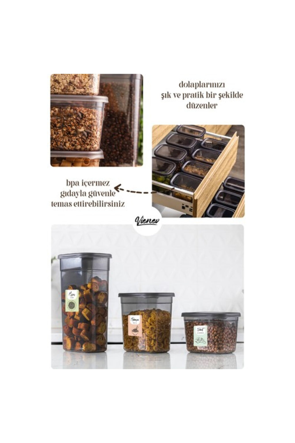Beyaz Serigrafi Etiketli 8li Set Peggy Dikdörtgen Saklama Kabı 1,3 Litre Antrasit