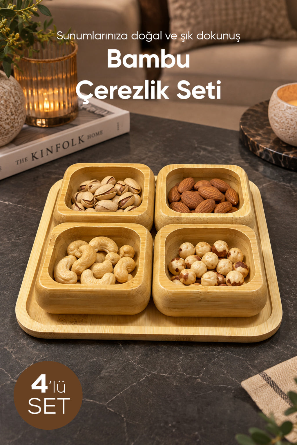 Alt Tablalı 4'lü Kare Bambu Çerezlik Seti 9 cm Kaseli 22 cm Tepsili Sunum ve İkram Servis Takımı