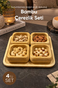Alt Tablalı 4'lü Kare Bambu Çerezlik Seti 9 cm Kaseli 22 cm Tepsili Sunum ve İkram Servis Takımı