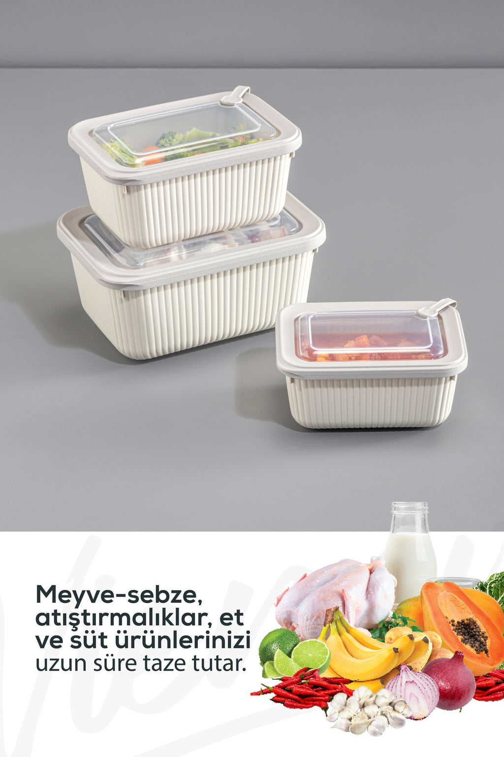 6'lı Vip Dikdörtgen Mikrodalga Ve Difrize Uygun Saklama Kabı Seti Bej 2x(1750,1050,600 ml)
