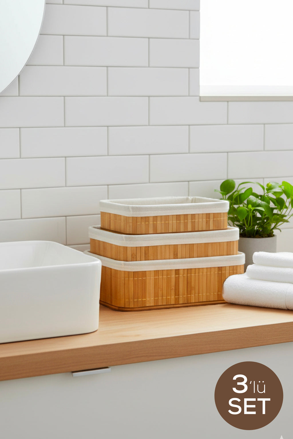 3'lü Set Dikdörtgen Bambu Organizer Sepet | Banyo Mutfak Dolap İçi