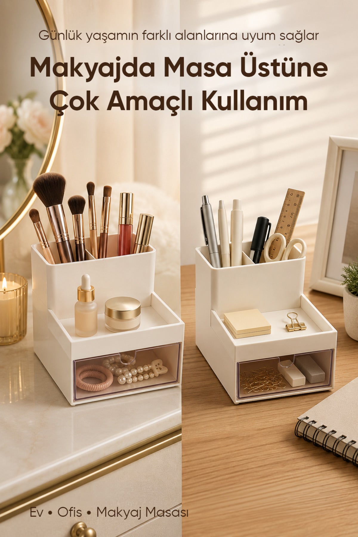 Tek Çekmeceli 2 Bölmeli Organizer Makyaj Kozmetik Masaüstü Düzenleyici Çok Amaçlı Saklama Kutusu