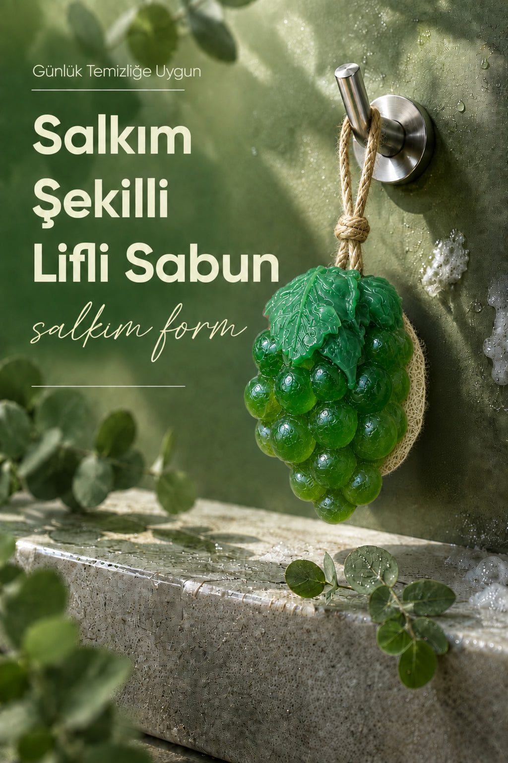 Yeşil Üzüm Şekilli Lifli Katı Sabun 10,5x7x5,2 cm Peeling Etkili Asılabilir Dekoratif Banyo El Sabunu