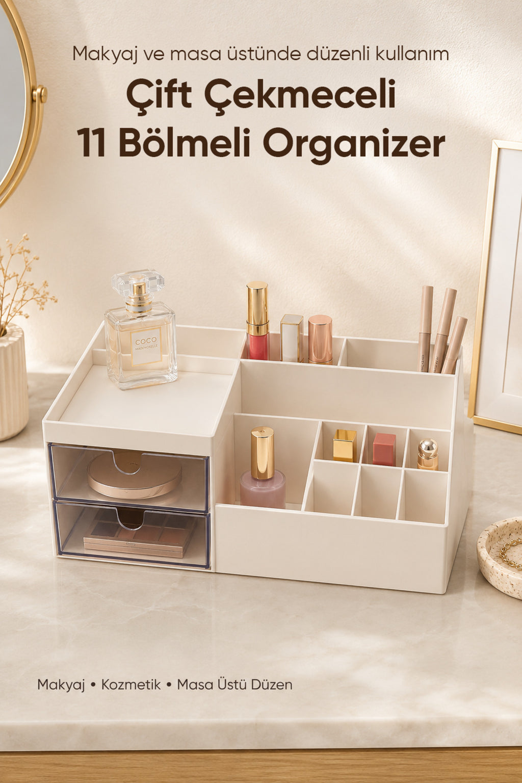Çift Çekmeceli 11 Bölmeli Organizer Makyaj Kozmetik Masaüstü Düzenleyici Çok Amaçlı Saklama Kutusu