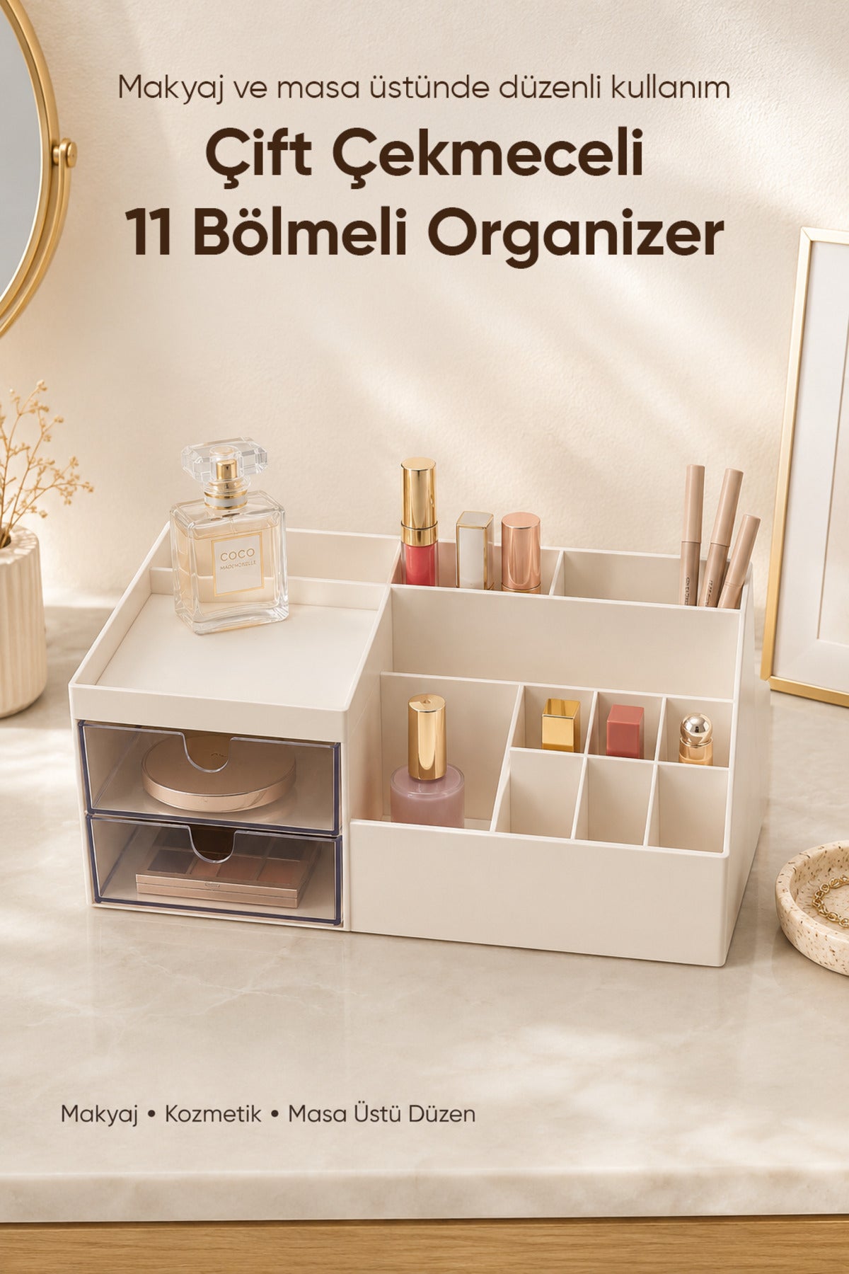 Çift Çekmeceli 11 Bölmeli Organizer Makyaj Kozmetik Masaüstü Düzenleyici Çok Amaçlı Saklama Kutusu