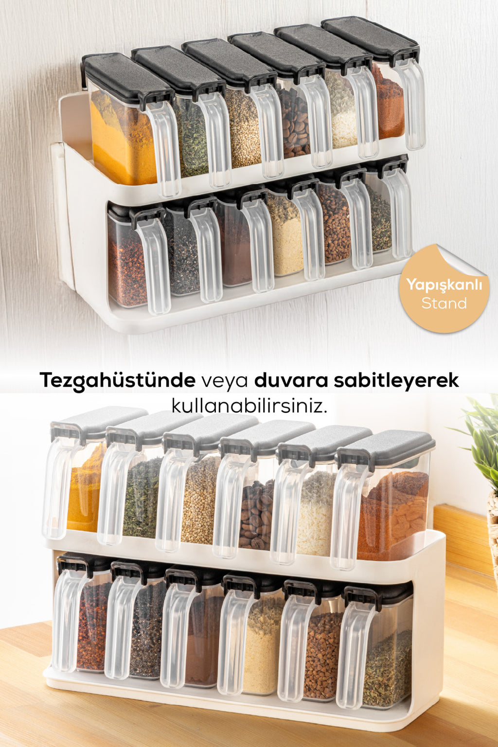 12'li Beyaz Standlı Kaşıklı Etiketli Kendinden Yapışkanlı Baharatlık Seti Beyaz