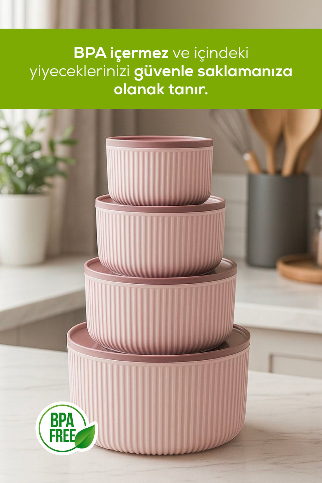 12'li Çizgili Yuvarlak Saklama Kabı Seti Pembe