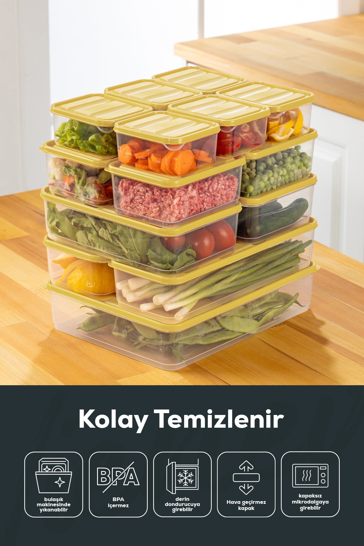 15'li Buzdolabı Düzenleyici Organizer Mikrodalgaya Uygun Difriz Saklama Kabı Sarı