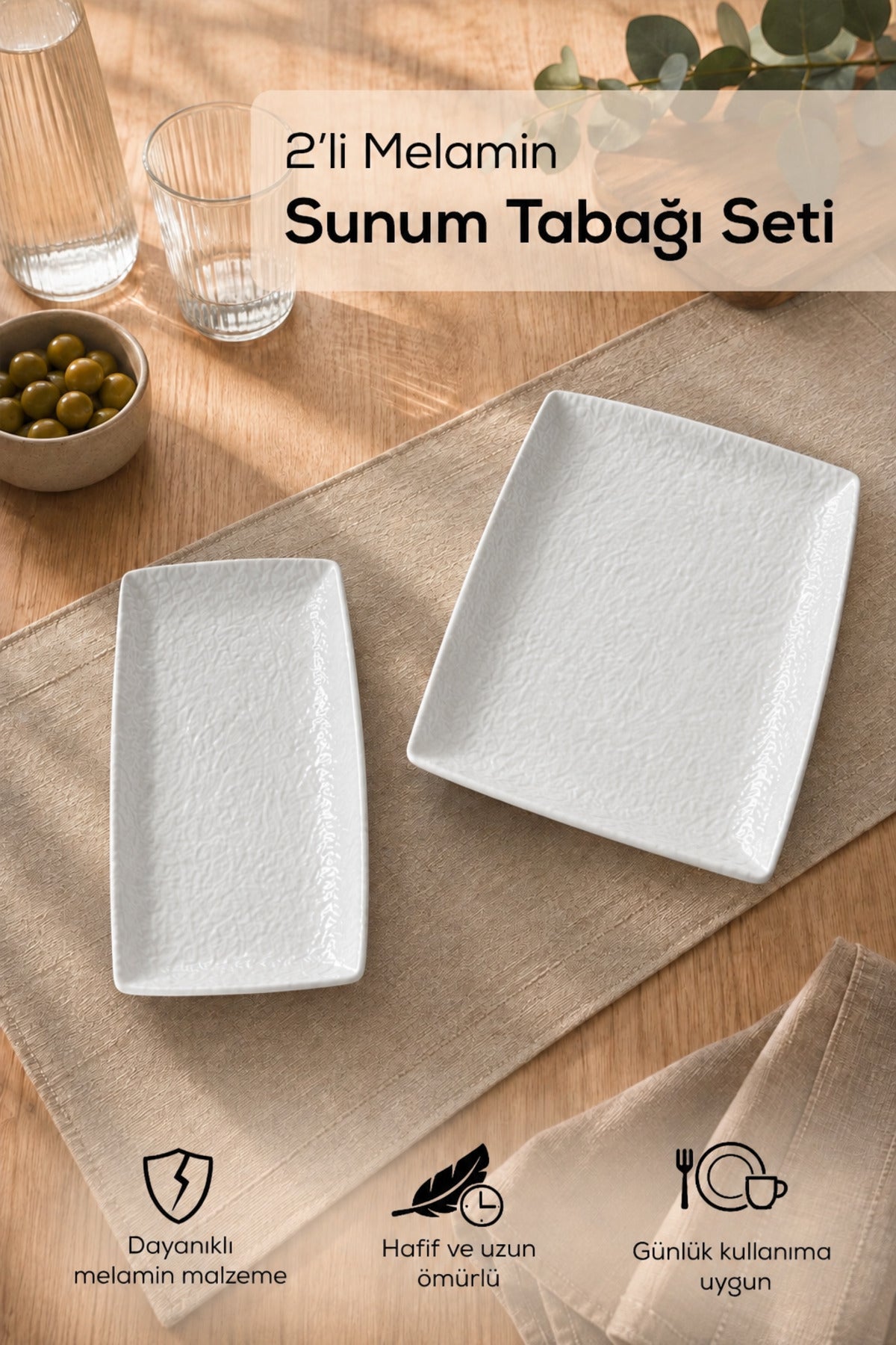 2 Adet Melamin Sunum Tabağı Seti, Sunum Tabağı,Servis Tabağı-Desenli Kırılmaz Servis Tabağı- Beyaz