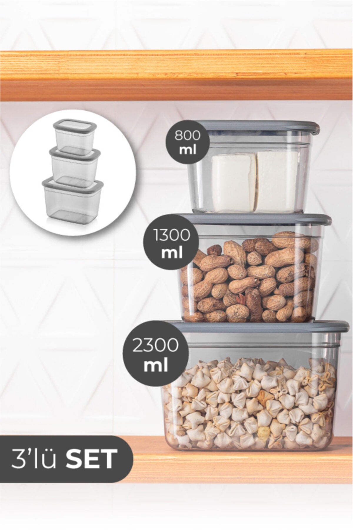Foly Poli 3lü Dikdörtgen Saklama Kabı Derin 1x(2300 Ml, 1300 Ml, 800 Ml)