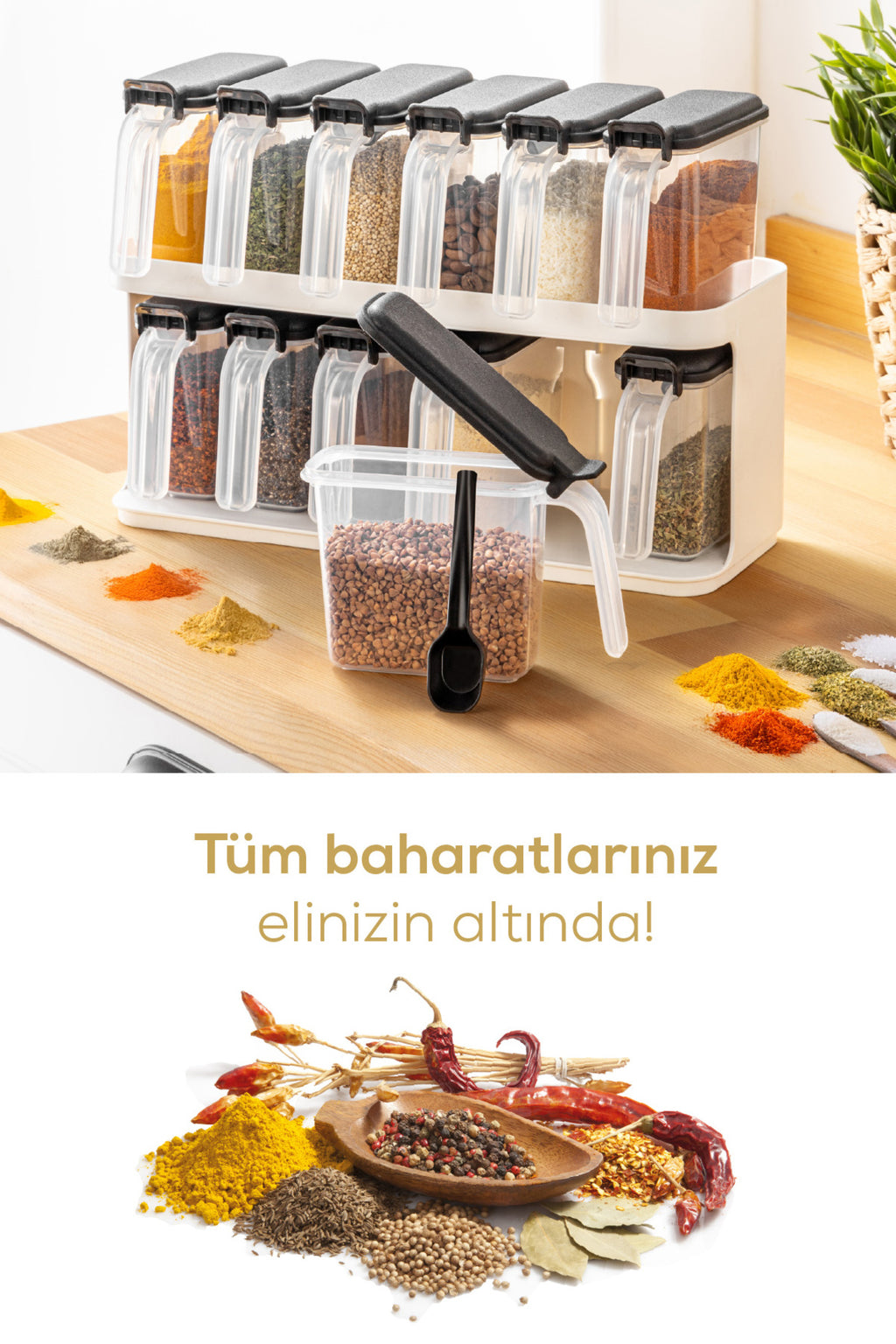12'li Beyaz Standlı Kaşıklı Etiketli Kendinden Yapışkanlı Baharatlık Seti Beyaz
