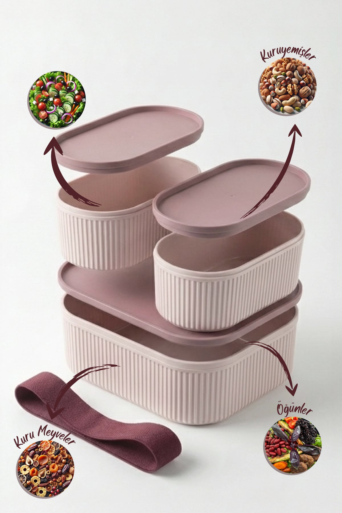 3'lü Elastik Bantlı İstiflenebilir Pratik Saklama Kabı Seti 2x(1100 ml) 1x(2600 ml) Pembe