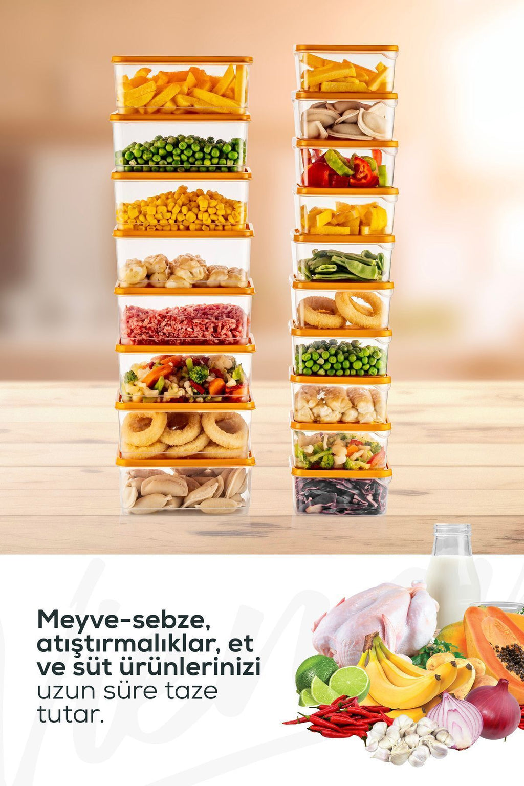 18'li Buzdolabı Düzenleyici Organizer Mikrodalgaya Uygun Difriz Saklama Kabı Turuncu