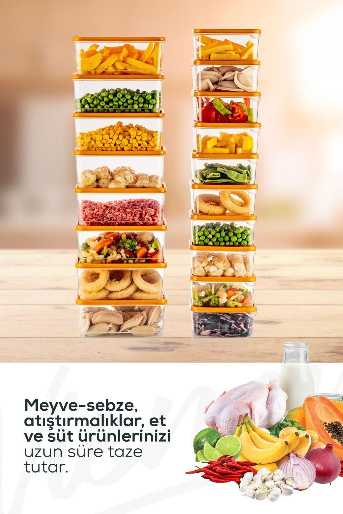 18'li Buzdolabı Düzenleyici Organizer Mikrodalgaya Uygun Difriz Saklama Kabı Turuncu