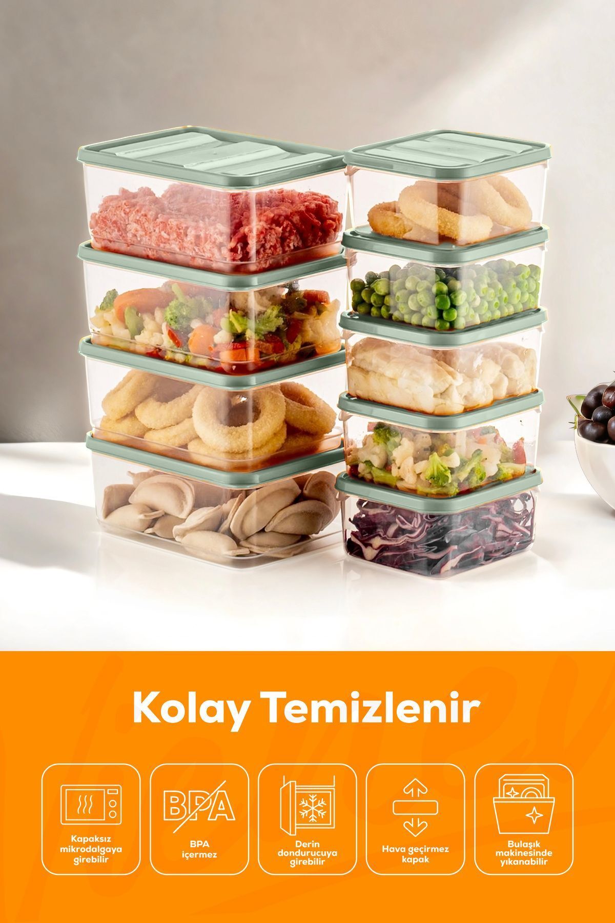 10'lu Buzdolabı Düzenleyici Organizer Mikrodalgaya Uygun Difriz Saklama Kabı Mint