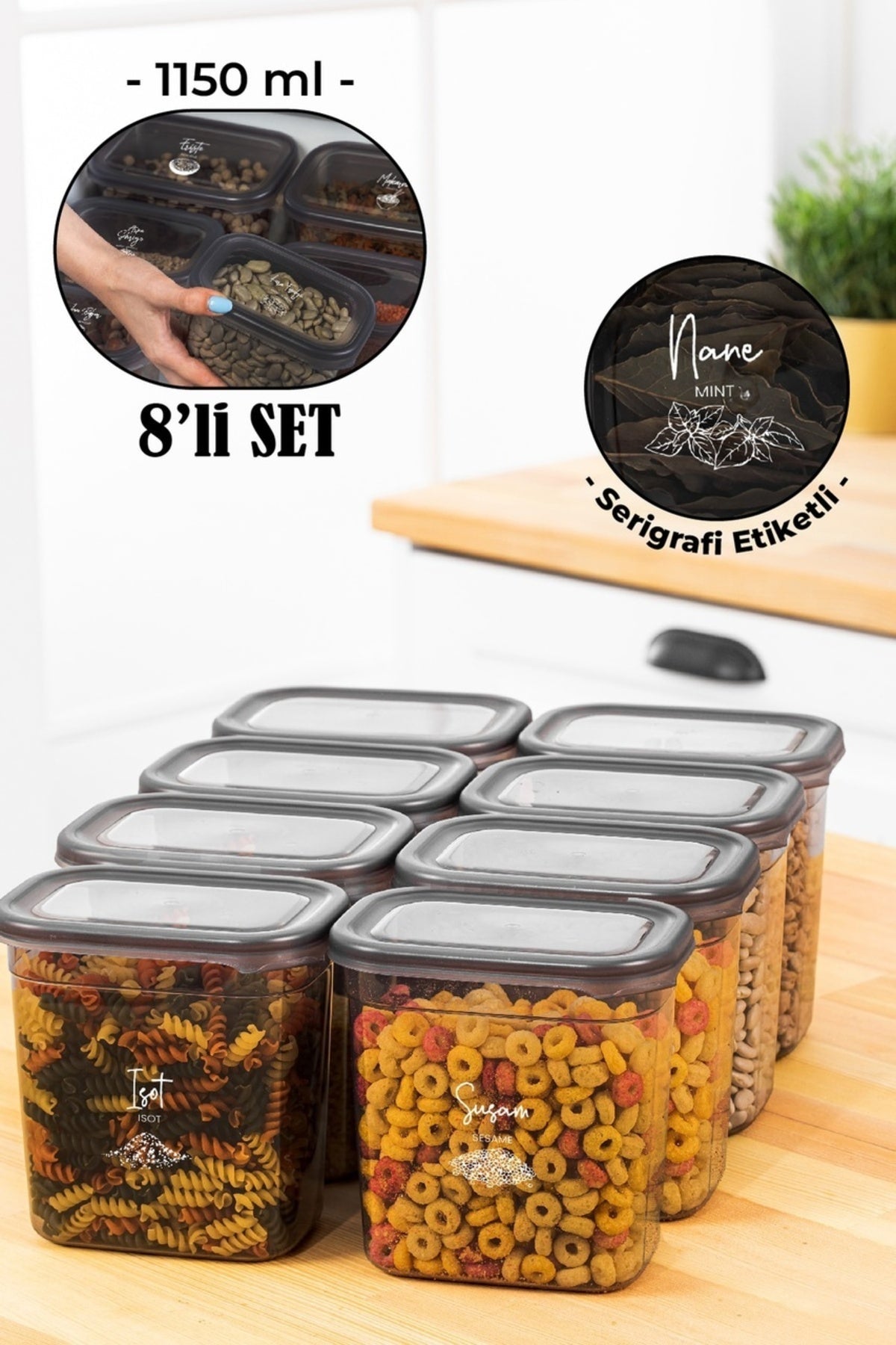 Beyaz Serigrafi Etiketli 8li Peggy Dikdörtgen Baharatlık Seti 1150 Ml Antrasit