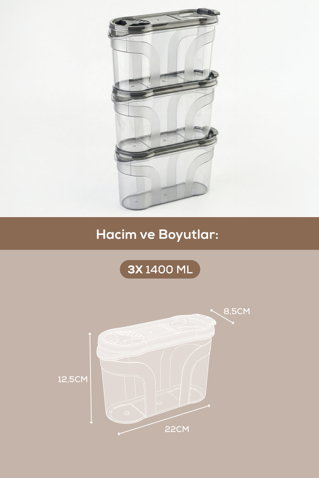 3'lü Çift Kapaklı Erzak Saklama Kabı Seti 1400 ml Antrasit