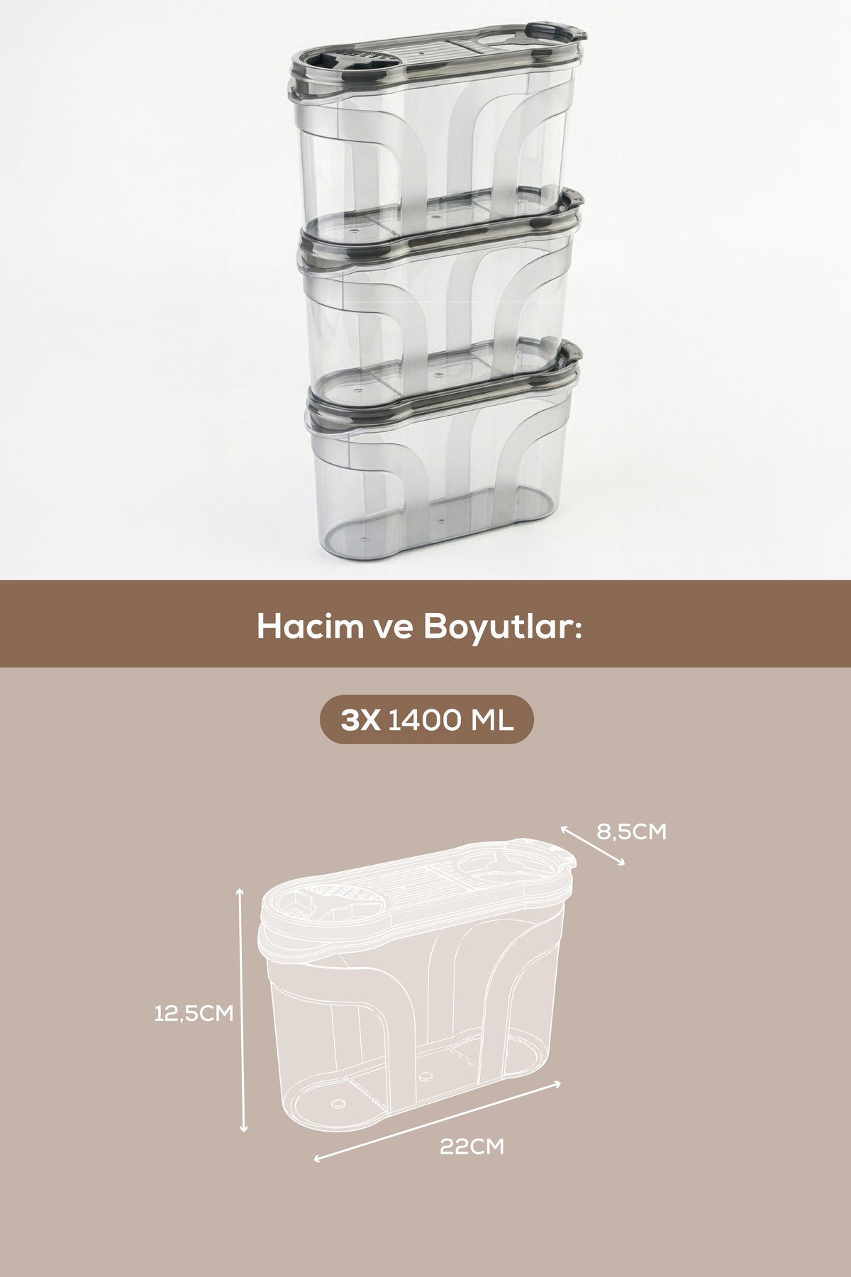 3'lü Çift Kapaklı Erzak Saklama Kabı Seti 1400 ml Antrasit