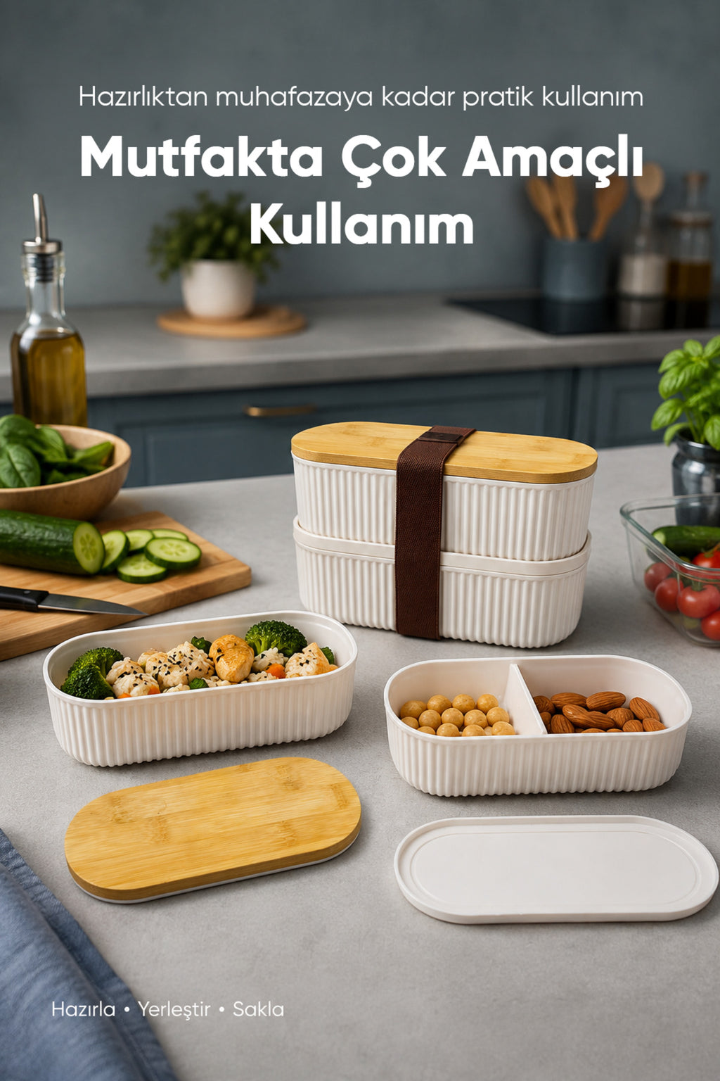 2'li Oval Fitilli Desenli Bantlı Saklama Kabı (600-620 ml) Bambu Kapaklı Taşınabilir Beslenme Seti