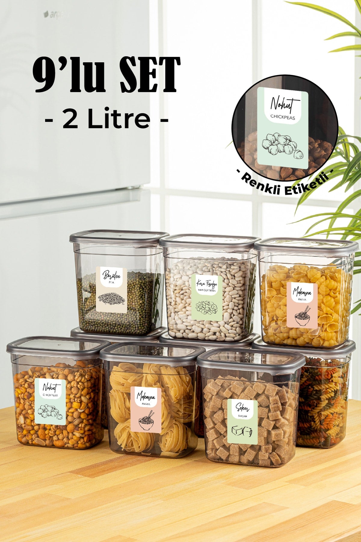 Renkli Etiketli 9lu Set Peggy Dikdörtgen Saklama Kabı 2 Litre Antrasit