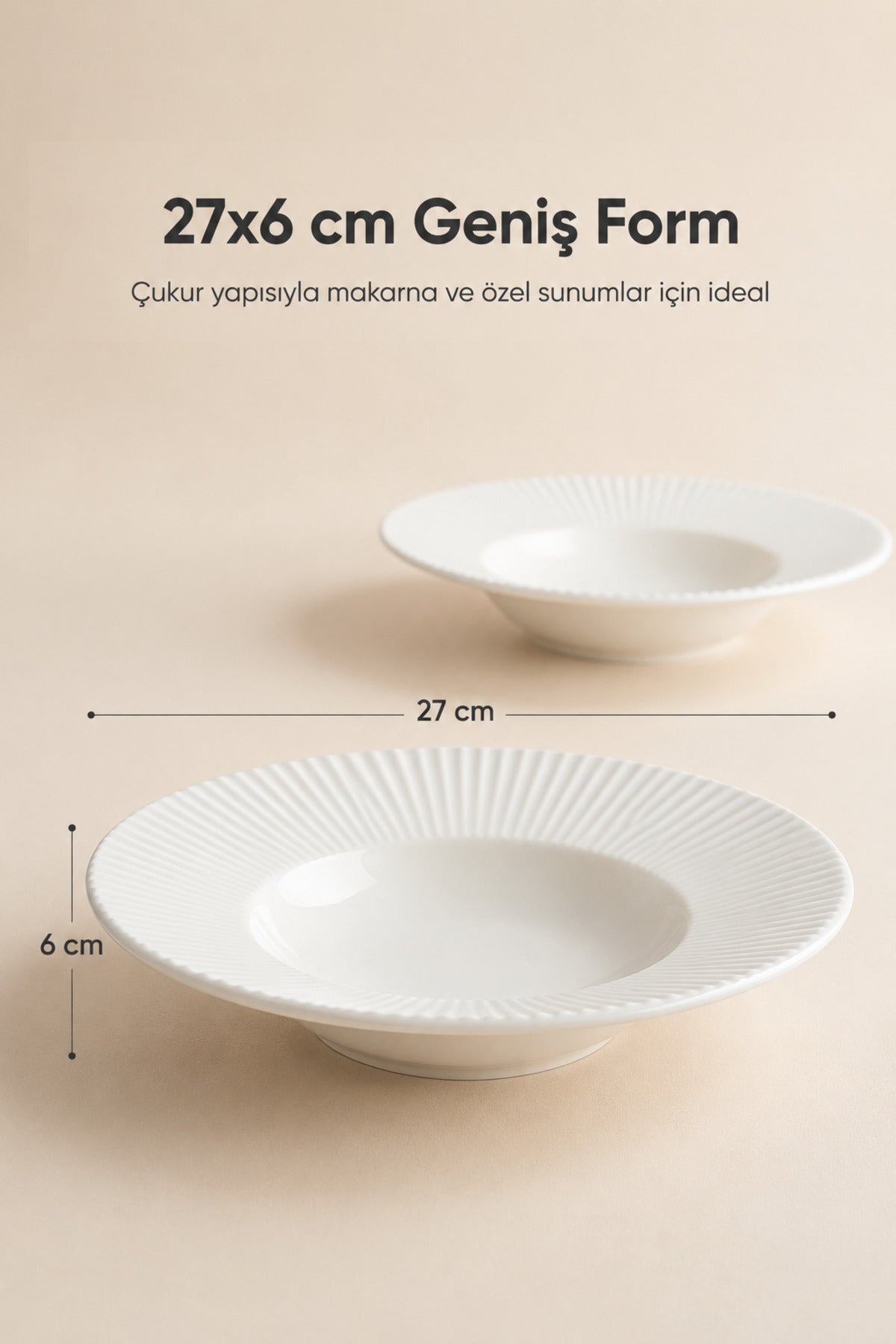 2'li Porselen Çizgi Desenli Çukur Makarna Tabağı Salata Sunum Kasesi 27 cm