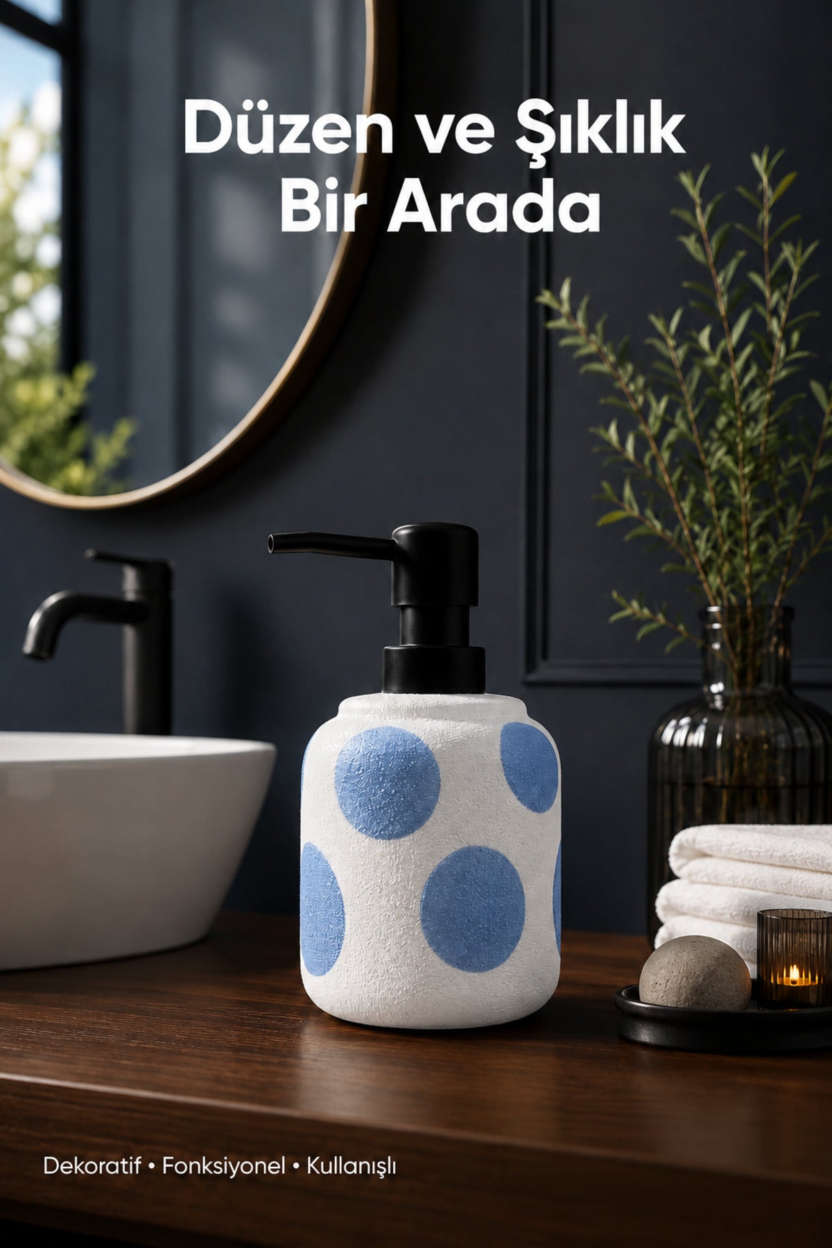 Mavi Puantiyeli Seramik Sıvı Sabunluk 380 ml Beyaz Lüks Banyo Mutfak Sıvı Sabunluk
