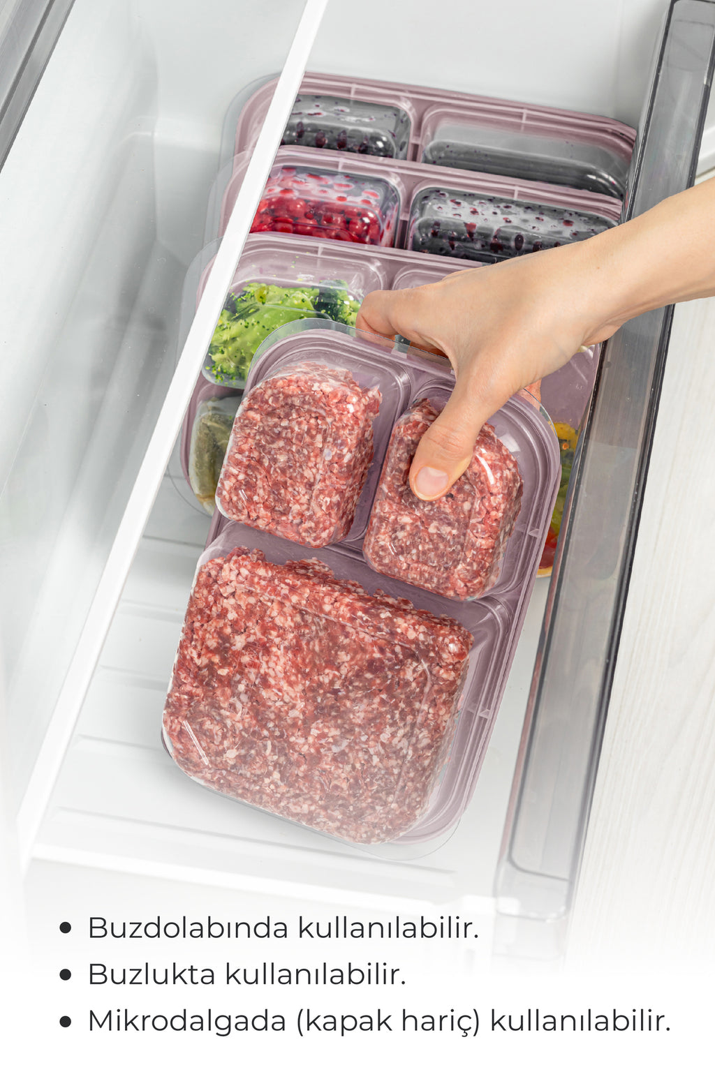 2'li 3 Bölmeli Dikdörtgen Saklama Kabı 1,15 Litre Pembe