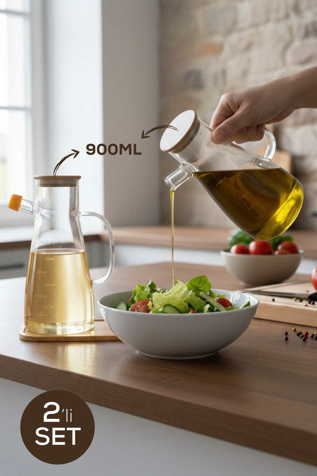2'li Ahşap Standlı ve Kapaklı Cam Yağdanlık 900 ml