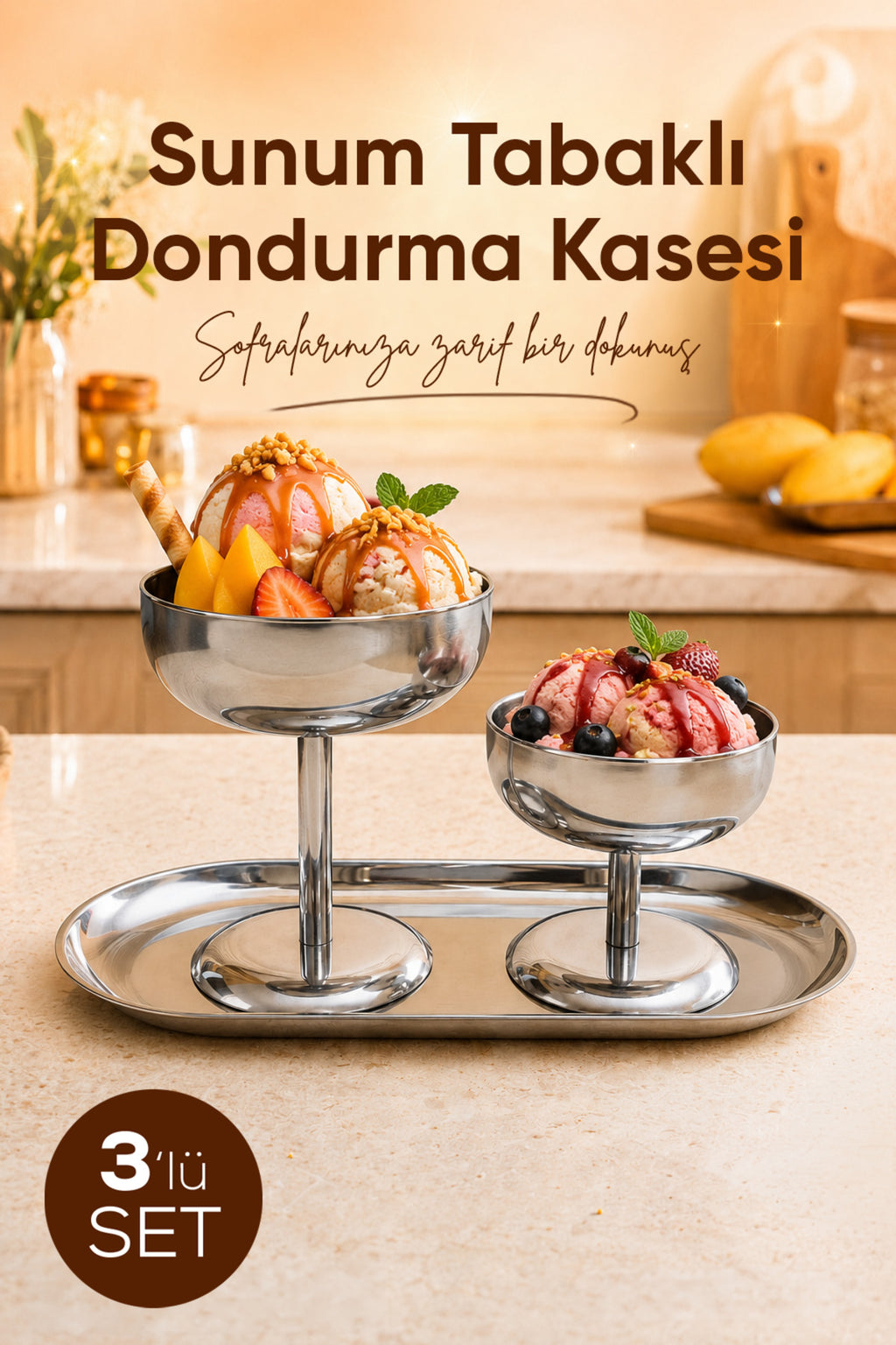 3'lü Set Gümüş Renk Metal Dondurmalık Seti (2x Geniş Kısa ve Geniş Uzun Kase 1x Kayık Tabak) - Şık Sunum ve Tatlı Kase