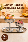 3'lü Set Gümüş Renk Metal Dondurmalık Seti (2x Geniş Kısa ve Geniş Uzun Kase 1x Kayık Tabak) - Şık Sunum ve Tatlı Kase