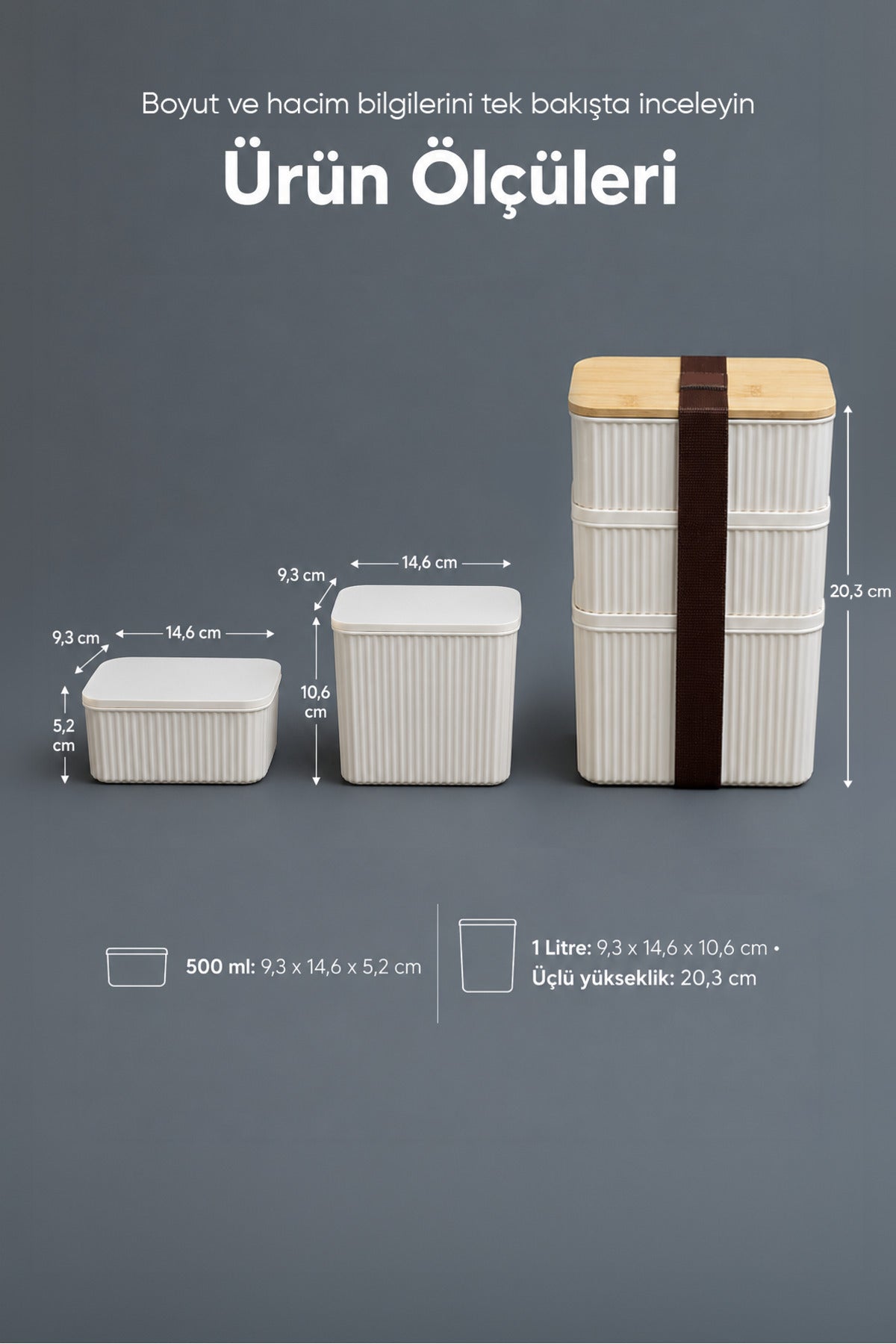 3'lü Dikdörtgen Fitilli Desenli Bantlı Saklama Kabı 2x(500 ml) 1x(1 Litre) Bambu Kapaklı Taşınabilir Beslenme Seti
