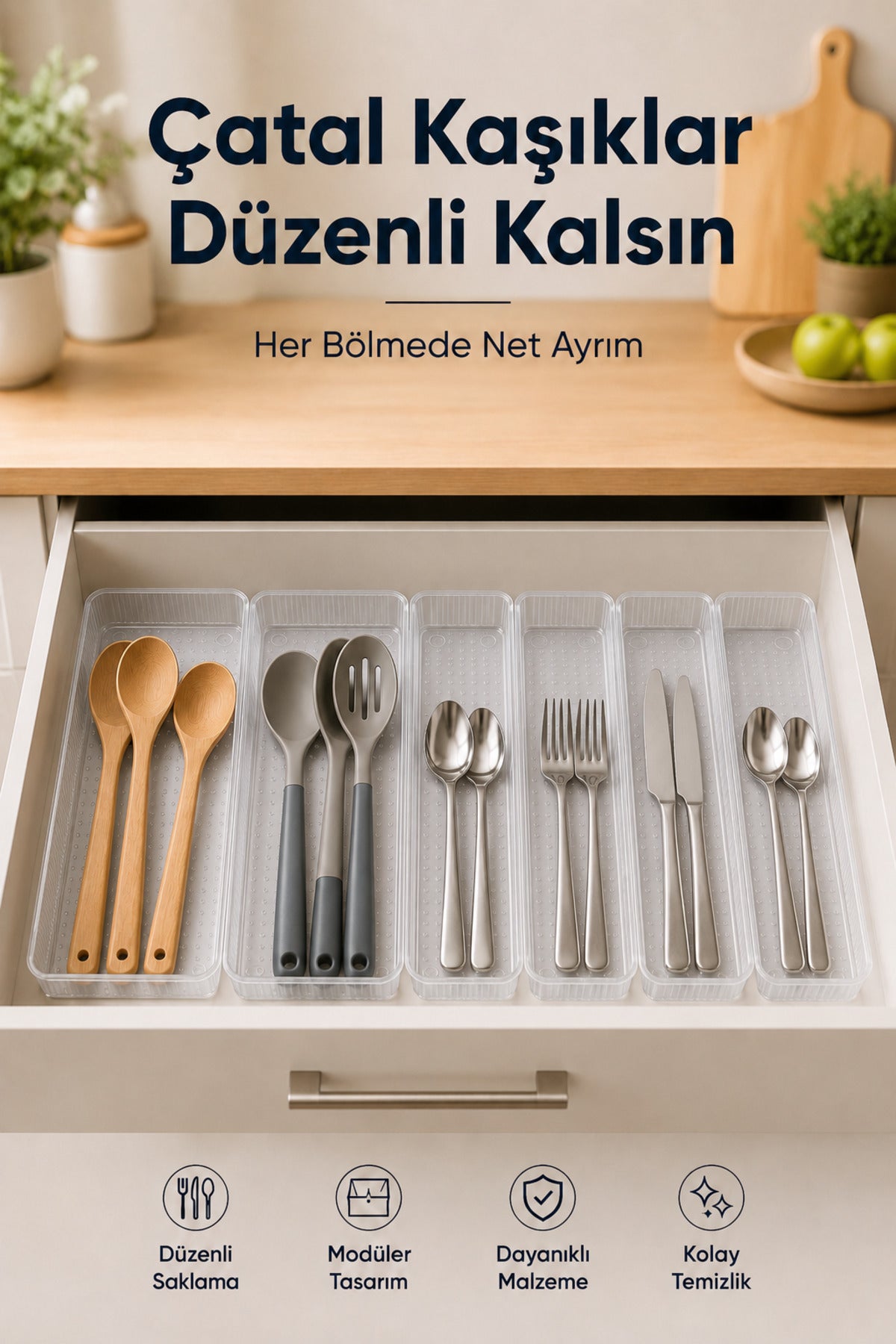 6'lı Modüler Şeffaf Kaşıklık Seti Çekmece İçi Mutfak Çatal Kaşık Bıçak Düzenleyici Organizer (2E4F)