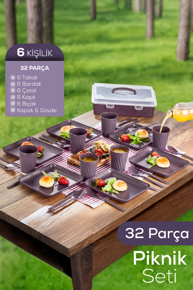 32 Parça Taşınabilir Piknik Seti 6 Kişilik