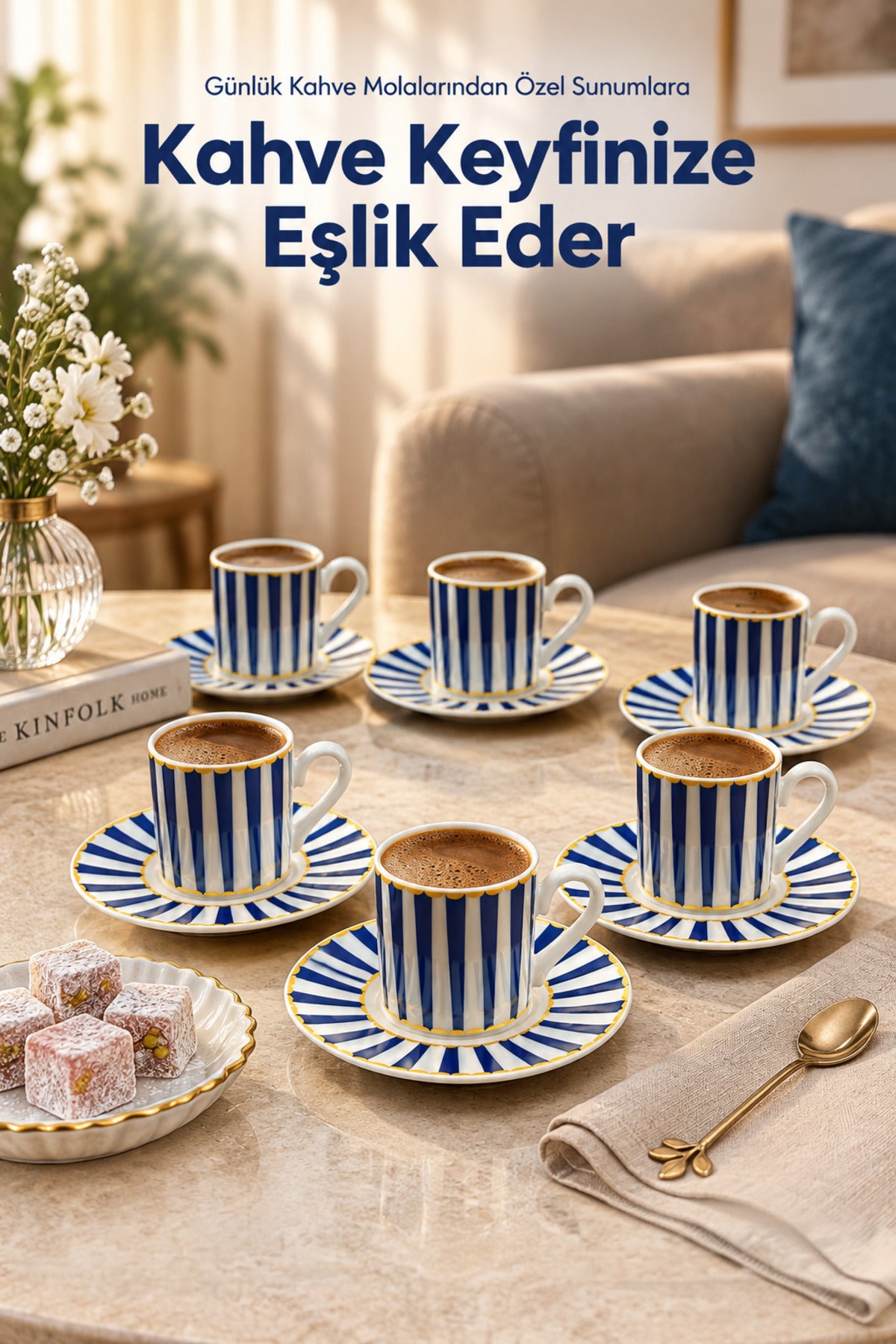 6 Kişilik Mavi Çizgili Porselen Kahve Fincanı Takımı 12 Parça Altın Yaldız Detaylı Şık Sunum Seti