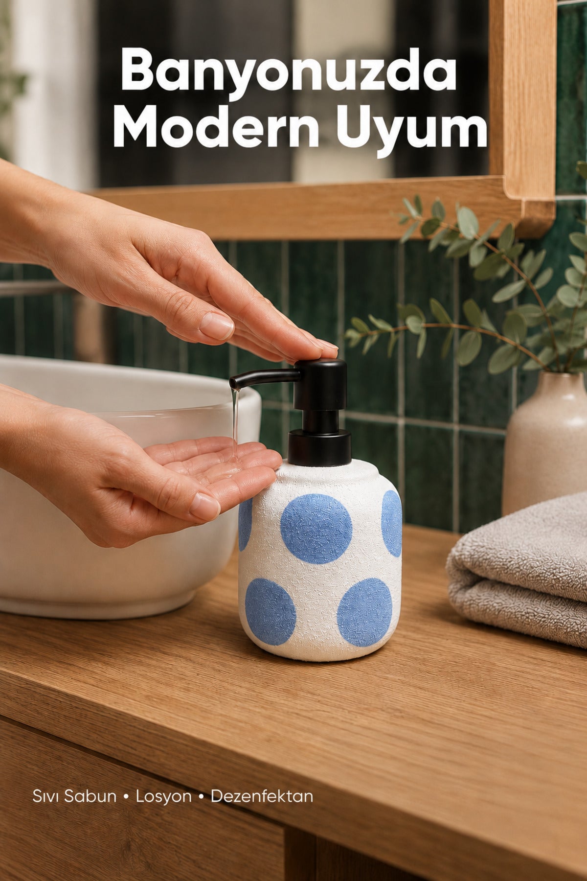 Mavi Puantiyeli Seramik Sıvı Sabunluk 380 ml Beyaz Lüks Banyo Mutfak Sıvı Sabunluk